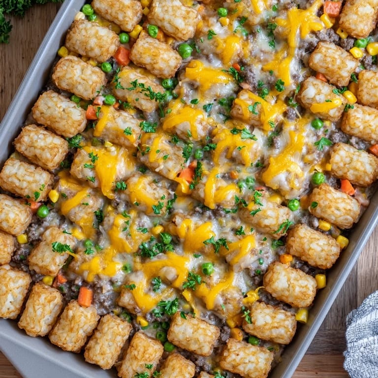 Comfort food classic: golden-brown tater tots topping a creamy beef mixture in a 9x13 baking dish.