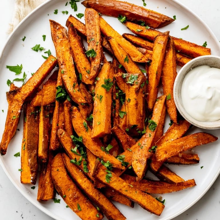 Oven-baked Sweet Potato Fries seasoned with smoked paprika and garlic powder on a rustic wooden serving board.