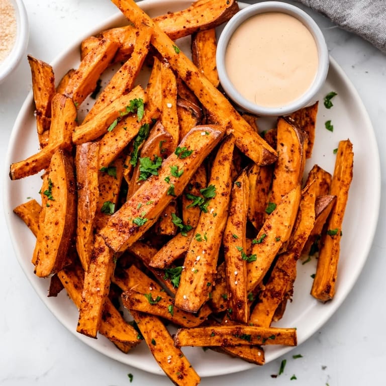 Perfectly seasoned Sweet Potato Fries piled high on a white plate, ready to be dipped in ketchup or ranch.