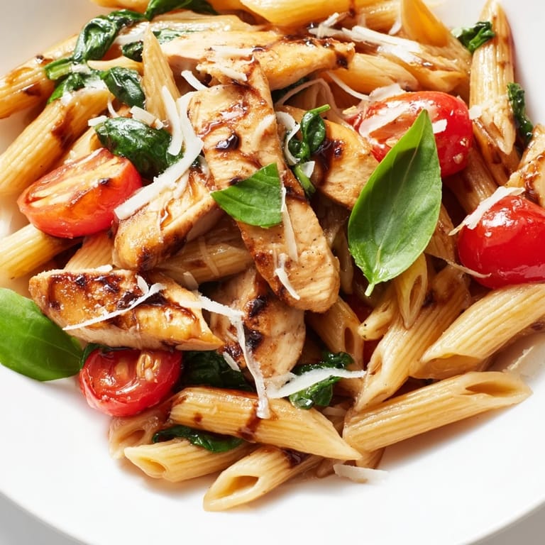 Shiny Balsamic Glazed Chicken Pasta with juicy chicken, cherry tomatoes, and fresh spinach in a rich, glossy sauce.