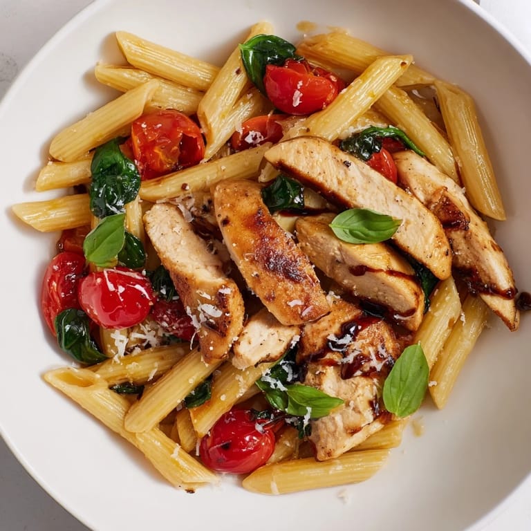 A steaming plate of Balsamic Glazed Chicken Pasta, topped with Parmesan and basil, ready for a family dinner.