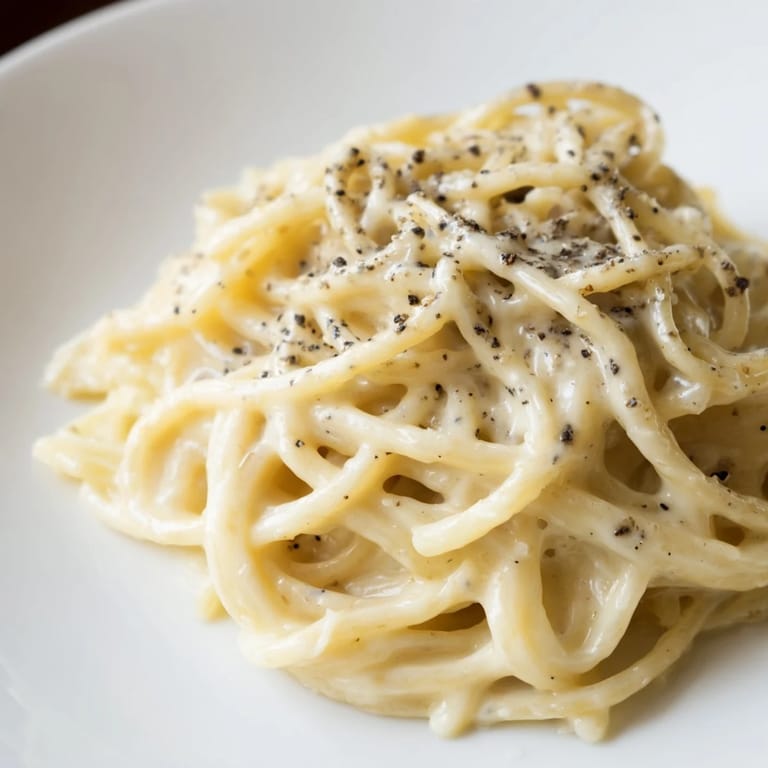 A rustic white bowl holds steaming Spaghetti Cacio e Pepe, showcasing a silky, cheese-coated pasta speckled with coarse black pepper, ready to serve.