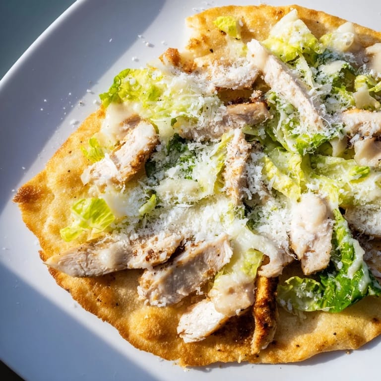 Fresh Caesar Chicken Flatbread topped with Parmesan shavings and halved cherry tomatoes on a wooden board.  