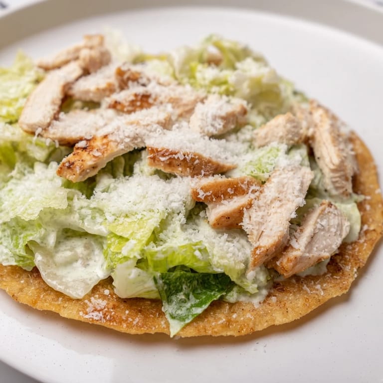 Serving suggestion for Caesar Chicken Flatbread with lemon wedges on a rustic plate, ready to enjoy.