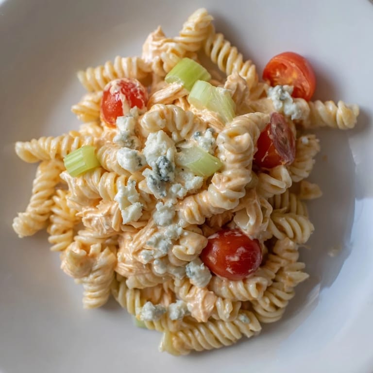 A chilled buffalo chicken pasta salad with blue cheese crumbles and fresh chives sits beside a striped picnic blanket.  