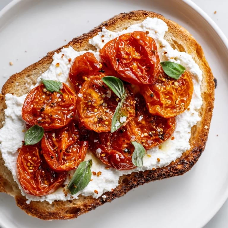 Fresh basil and flaky sea salt garnish a colorful Tomato Ricotta Toast on sourdough, ready for a Mediterranean-inspired breakfast.