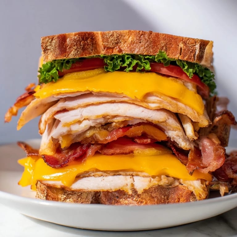 Layers of roasted turkey and melted cheese peek from between crispy bacon and fresh lettuce in this grilled sandwich.