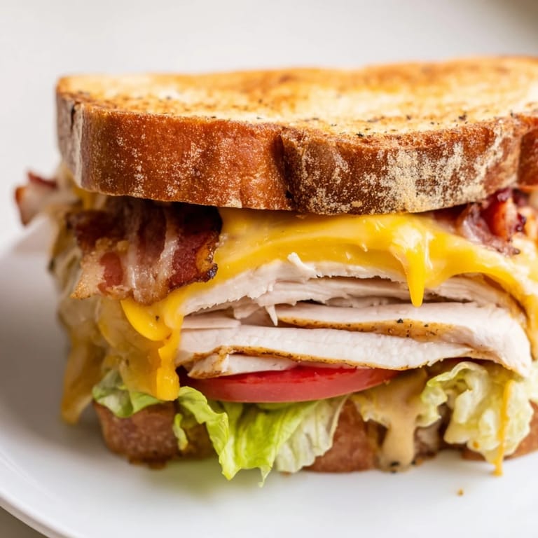 A toasted Turkey Club Grilled Cheese on sourdough, featuring juicy tomato, crispy bacon, and golden, buttery edges.