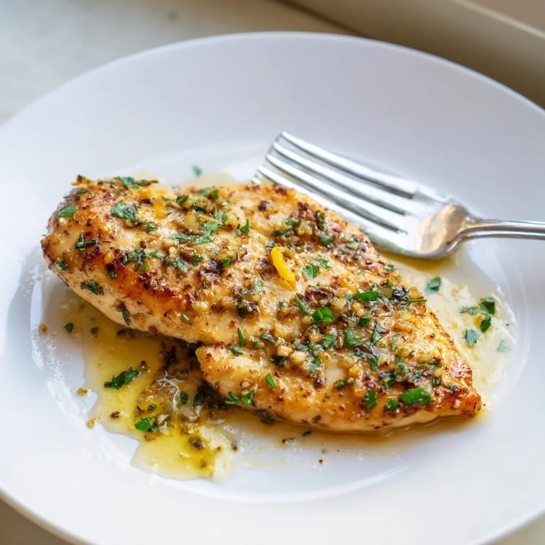 A close-up of juicy Lemon Pepper Chicken in a pan, featuring melted butter, minced garlic, and fresh lemon zest.