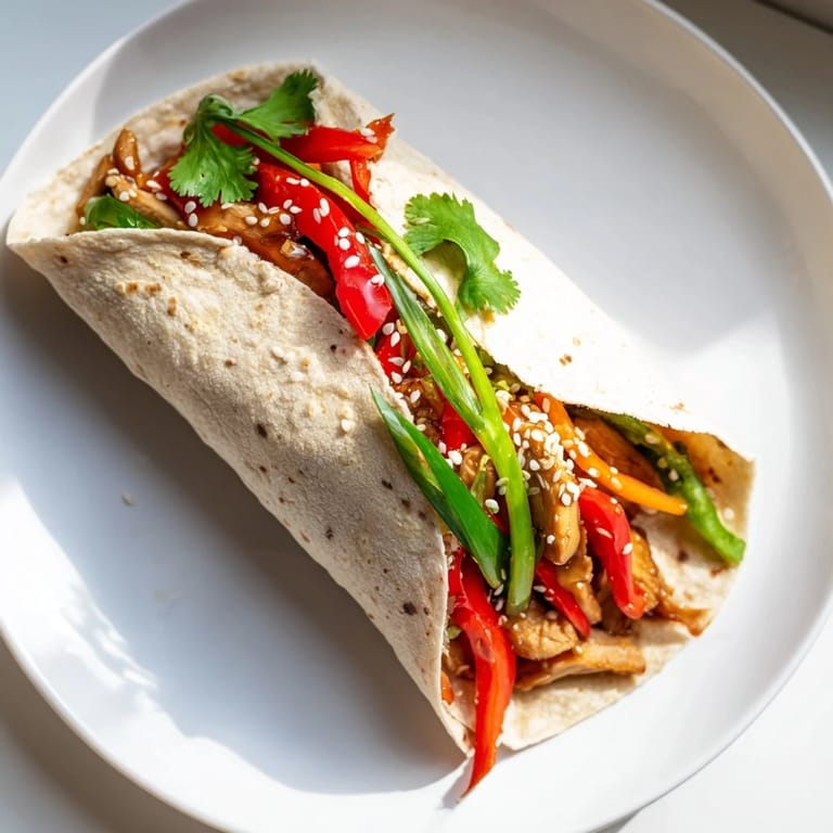 Golden teriyaki chicken wraps filled with crisp cabbage, carrots, and scallions, garnished with sesame seeds on a wooden board.