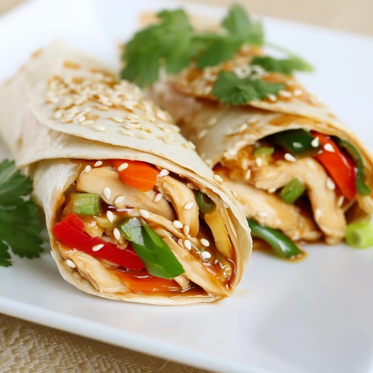 Tender teriyaki chicken wrapped in a warm flour tortilla with shredded vegetables, perfect for an easy weeknight meal.
