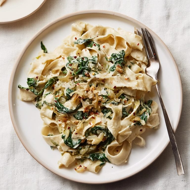 Steam rises from a warm bowl of creamy spinach garlic noodles, with a sprinkle of Parmesan and a side of crusty bread for dipping.