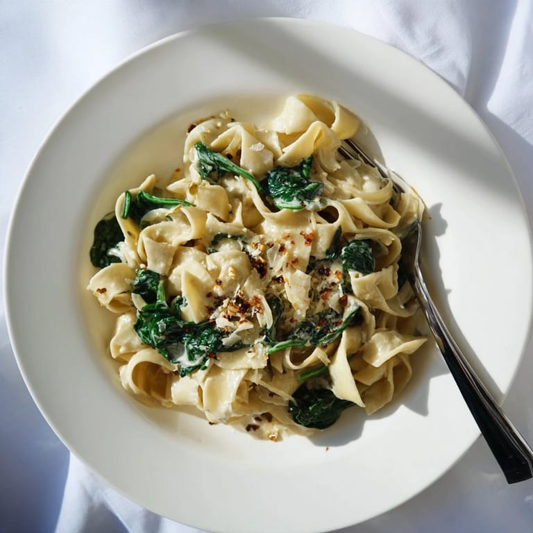 A rustic wooden table showcases creamy spinach garlic noodles garnished with fresh parsley and red pepper flakes, ready for a comforting vegetarian dinner.