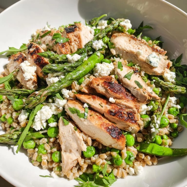 A vibrant bowl of Warm Spring Farro Chicken Salad, topped with crumbled feta and fresh herbs for a refreshing meal.