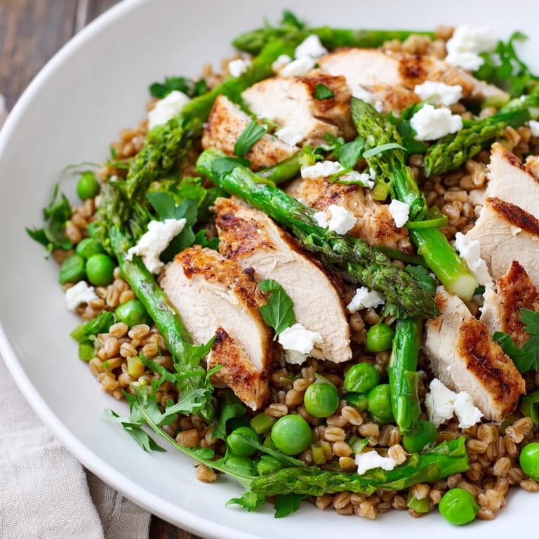 Sliced grilled chicken and fluffy farro in Warm Spring Farro Chicken Salad, served on a bed of bright spring greens.