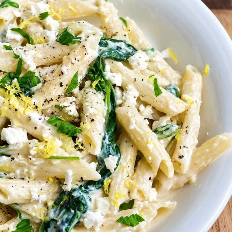 Fork twirling into Creamy Feta Spinach Pasta, garnished with fresh parsley and lemon zest for a bright Mediterranean weeknight meal.