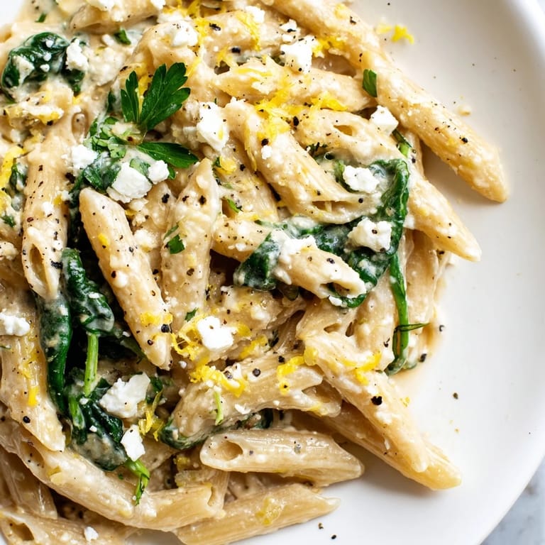 Steaming bowl of Creamy Feta Spinach Pasta with a rustic wooden spoon, ideal for a quick and satisfying vegetarian dinner.
