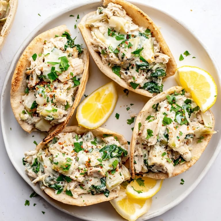 Savory Mediterranean-inspired pita filled with spinach, artichoke, and chicken, perfect for a light dinner or lunch.