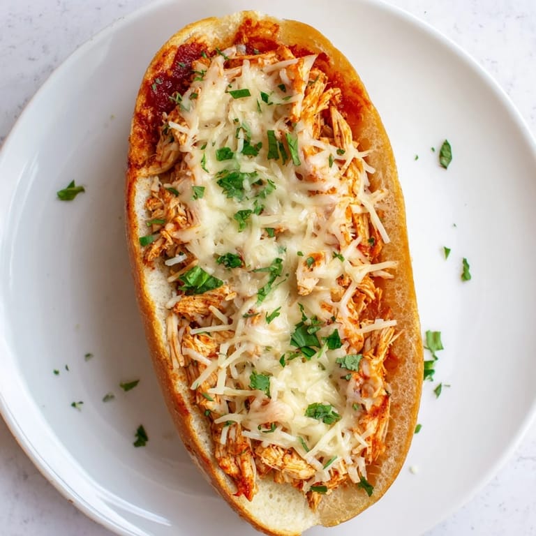 A close-up of Chicken Parm Stuffed Garlic Bread reveals tender chicken filling and golden Parmesan topping, ready to serve.