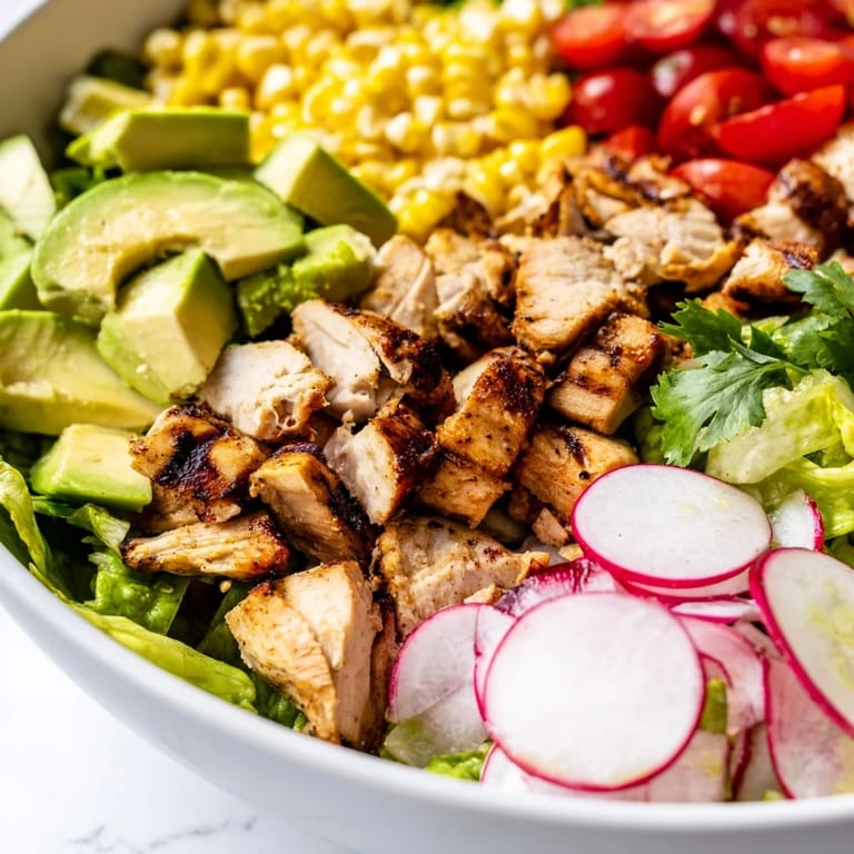 Vibrant ingredients like tender grilled chicken, sweet roasted corn, and diced avocado make this chopped salad a colorful, gluten-free main dish.