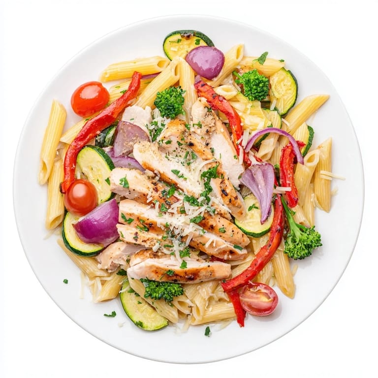 A close-up of Garlic Herb Chicken & Veg Pasta, highlighting juicy chicken and tender, vibrant veggies.  