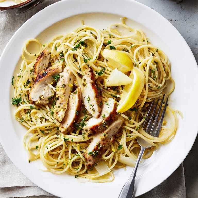 A visually impaired user can imagine steaming brown butter lemon chicken pasta in a skillet, with golden chicken and fresh herbs.