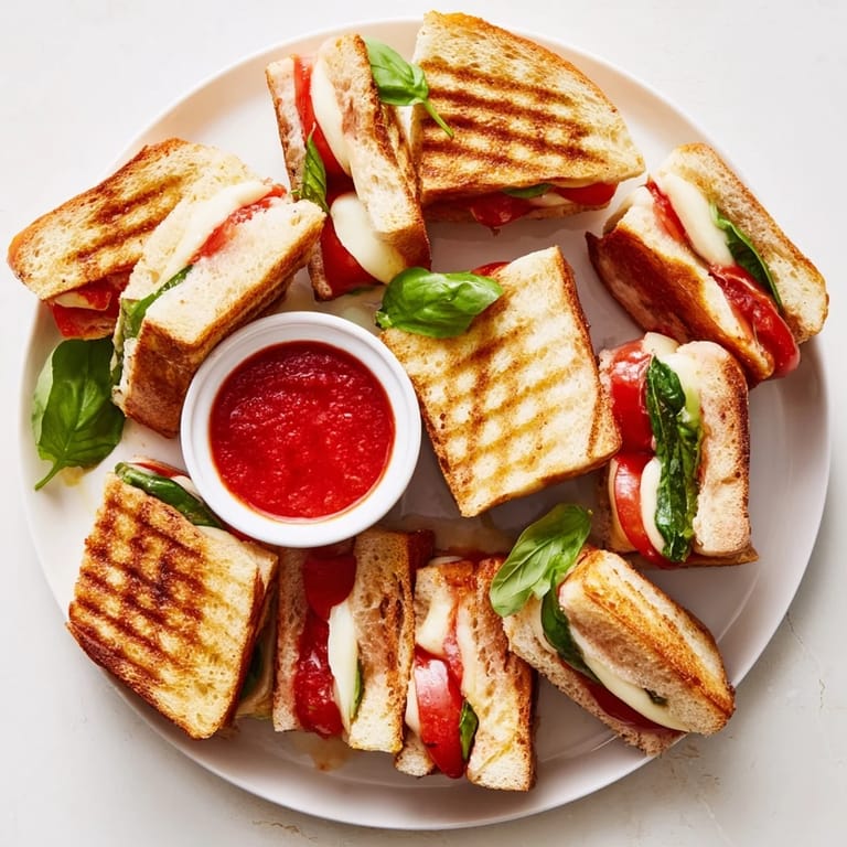Freshly prepared Caprese Grilled Cheese Dippers served alongside a bowl of tangy marinara, perfect for a quick Italian-American snack.