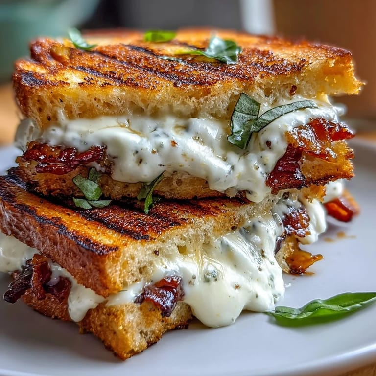 The luxurious grilled cheese is cut diagonally, revealing creamy cheese and savory crisp pork inside.