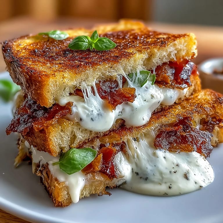 A close-up view highlights the golden bread, torn burrata, and fresh basil garnish on top.