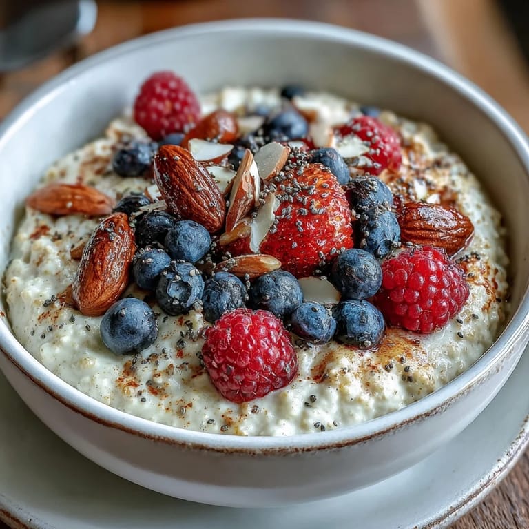 Warm spiced millet porridge topped generously with fresh mixed berries for breakfast.