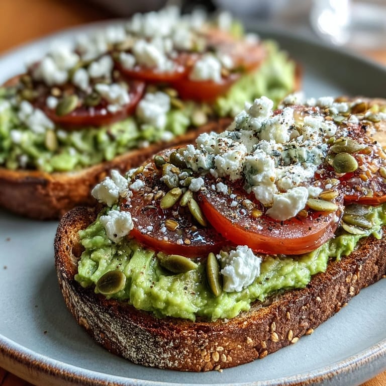 Freshly prepared avocado toast on whole grain, perfect with a sprinkle of seeds.