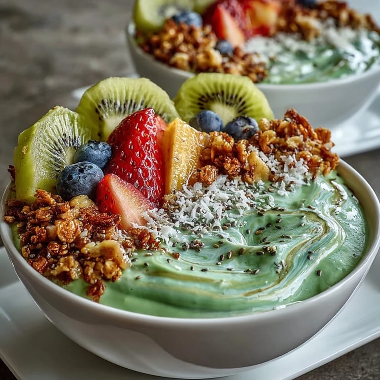 Delicious Green Smoothie Bowl, perfectly creamy, topped with berries and granola.