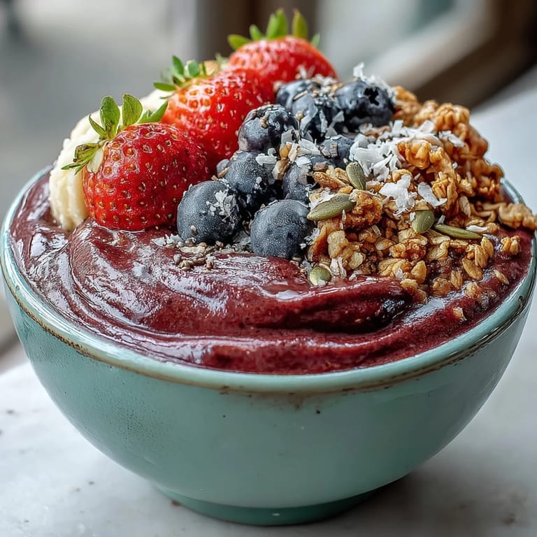 Delicious acai berry smoothie bowl, a beautiful healthy breakfast layered with textures and fruits.
