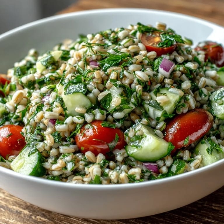 Vibrant barley and herb salad with colorful cherry tomatoes and fresh greens.