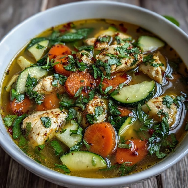Spicy, aromatic Turmeric Chicken Soup simmering in a pot, showcasing golden broth, zucchini, and wilted spinach.