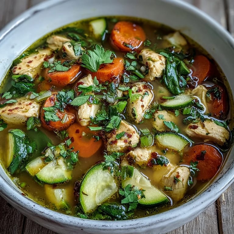 Comforting Turmeric Chicken Soup served in a rustic bowl, with lemon wedge and fresh herbs for garnish.