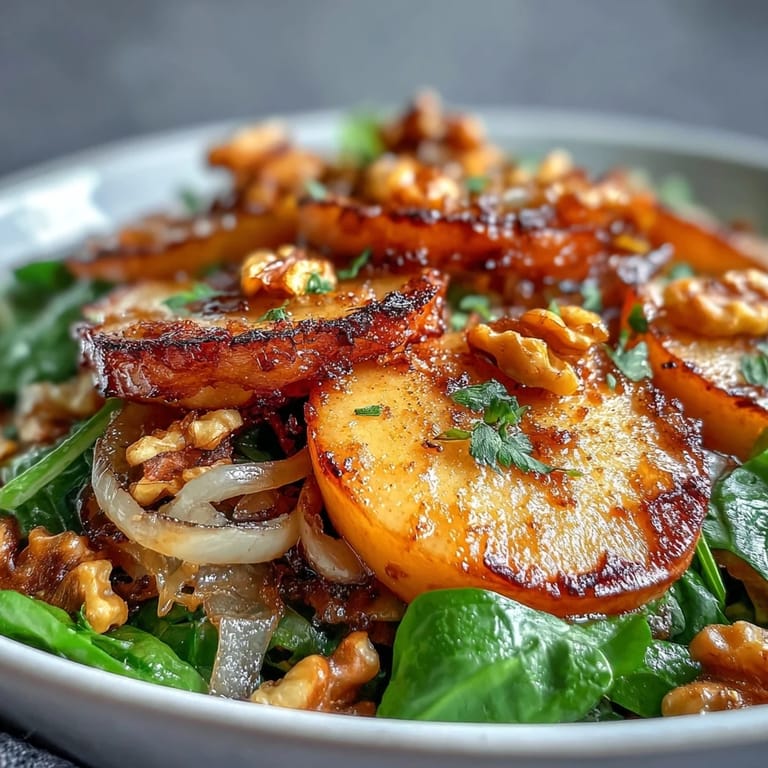 Glistening apples and onions in a skillet, mixed with warm sauerkraut and leafy greens, ready to serve as a tangy main course.