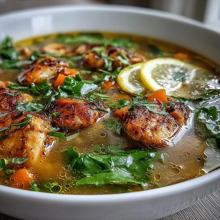 The bright, nourishing High Protein Lemon and Turmeric Chicken Soup is served in a white bowl, garnished with fresh lemon wedges and a sprinkle of green herbs.  