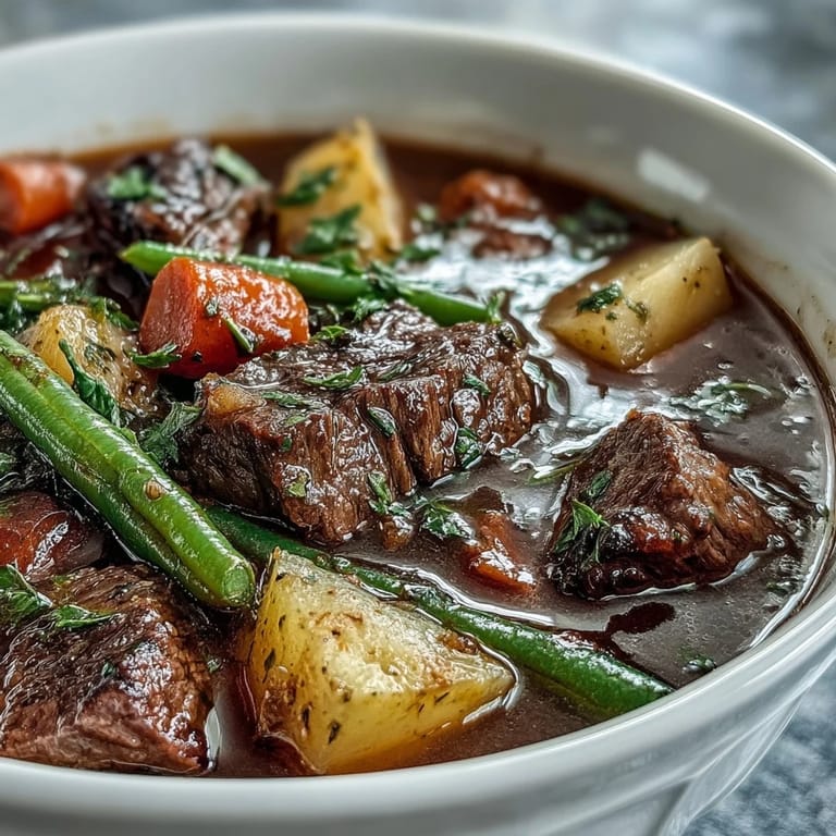 A close-up of Beef and Vegetable Soup highlights chunky root vegetables and succulent beef in a thick, herb-infused tomato broth.