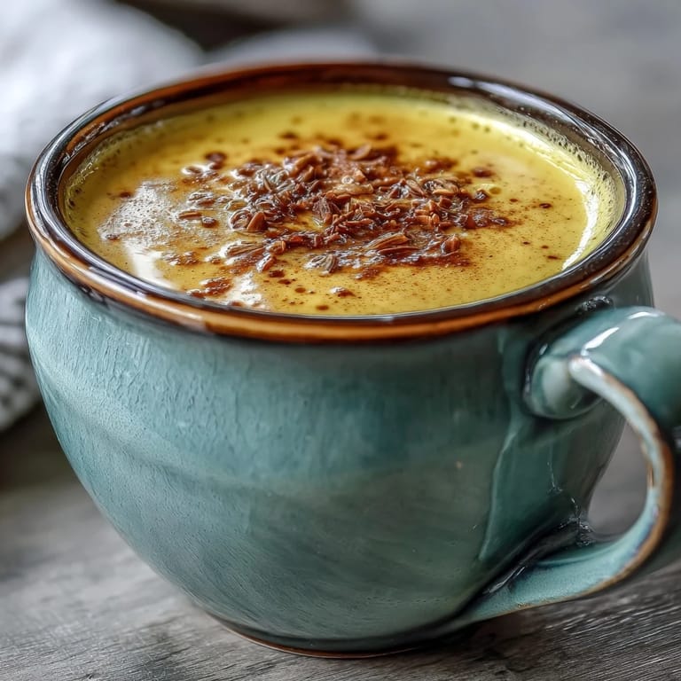 Creamy Turmeric and Ginger Golden Milk served in a clear glass mug with a cinnamon stick, beside scattered spices and honey.