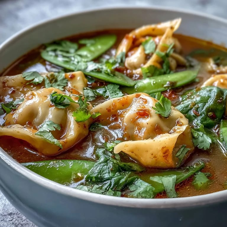 A close-up view of steaming Red Curry Wonton Soup with Greens, showcasing vibrant green onions and lime wedges ready to garnish the bowl.  