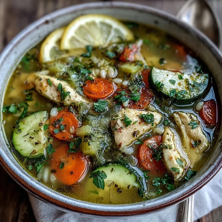 Close-up of Soothing Turmeric Chicken With Pearl Barley, revealing diced carrots, celery, and plump pearl barley in a creamy turmeric broth.
