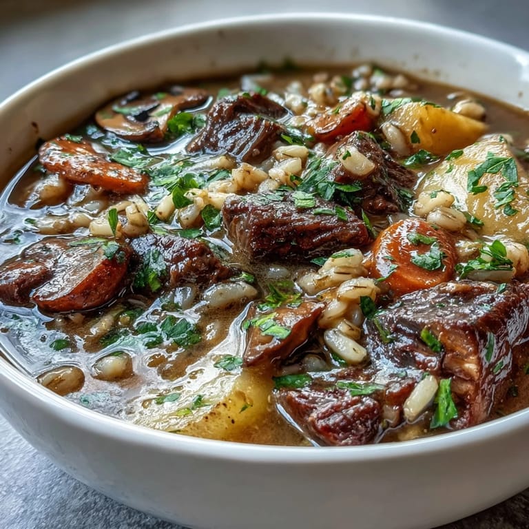 Rustic Dutch oven filled with Vegetable Beef, Barley, and Mushroom Soup, showcasing diced carrots, potatoes, and hearty barley.