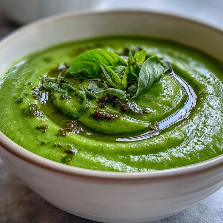 A close-up of steaming Courgette, Pea and Pesto Soup, revealing the smooth, velvety texture and fresh green specks of vegetables.