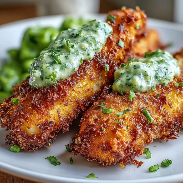 Crisp Panko-coated Haddock Goujons With Parmesan Crust resting on mixed greens, showcasing their crunchy golden texture next to creamy pea pesto.