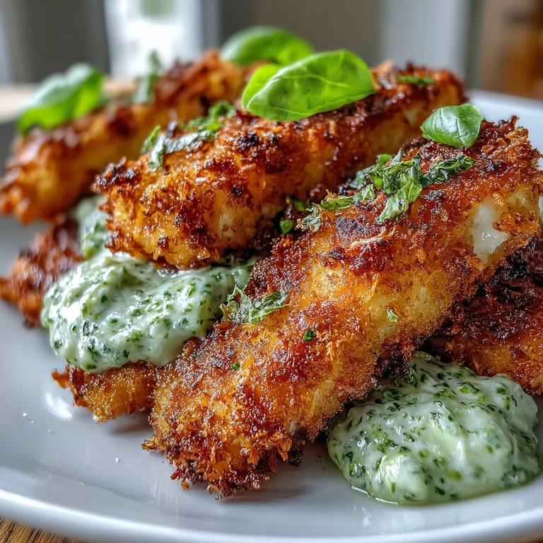 Freshly cooked Haddock Goujons With Parmesan Crust served hot with lemon wedges and a bowl of homemade pea pesto for dipping.