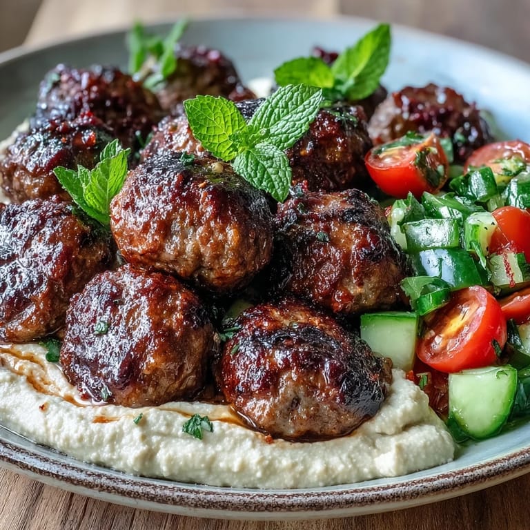 Savory Venison Meatballs with Spiced Salad and Hummus on a plate, garnished with fresh herbs and lemon.