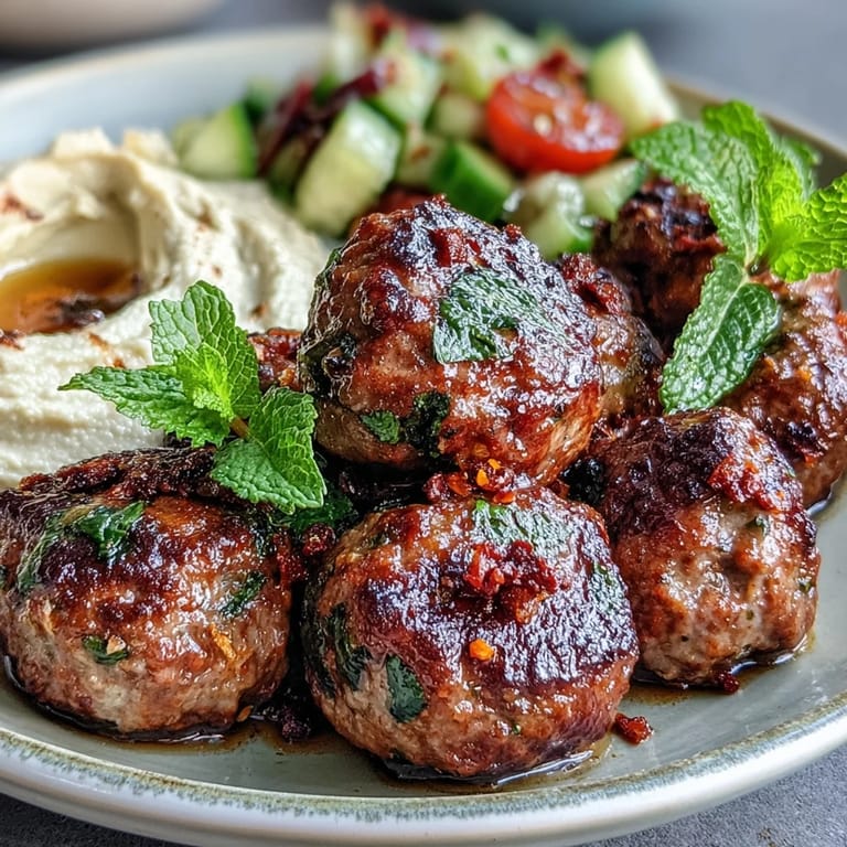 Warm Venison Meatballs with Spiced Salad and Hummus served with pita bread and a vibrant side salad.
