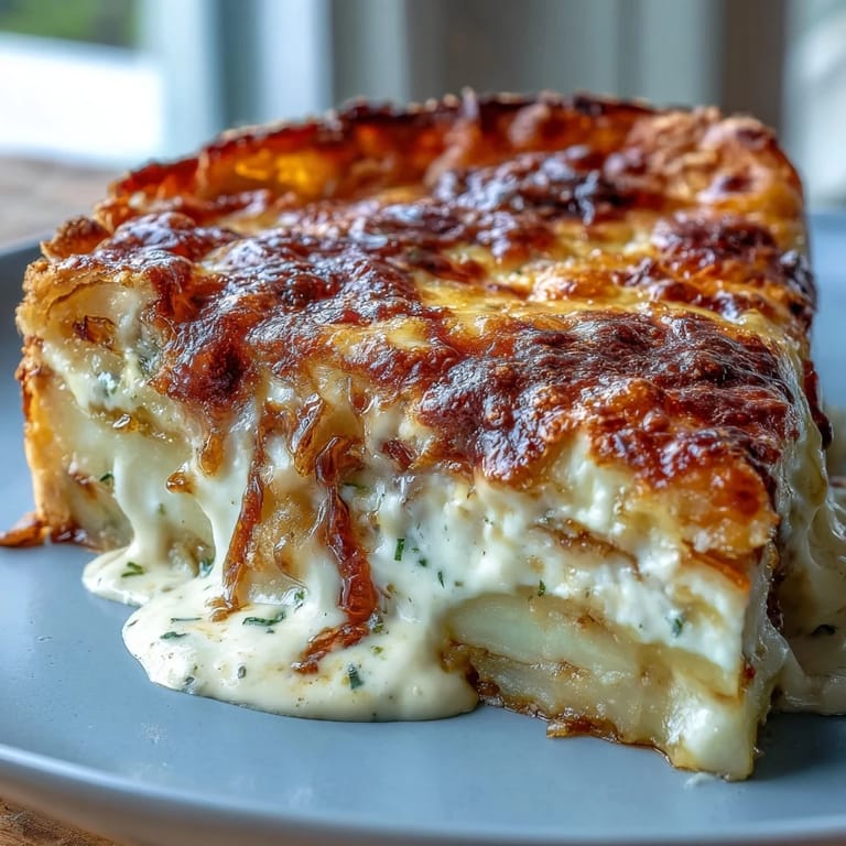 Close-up of cheesy, golden-brown Cheese and Potato Pie revealing tender potato layers and a rich, savory cream sauce.