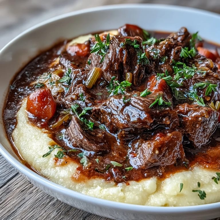 Tender chunks of meat in Venison Stew with Sloe Gin and Polenta, garnished with fresh thyme sprigs.